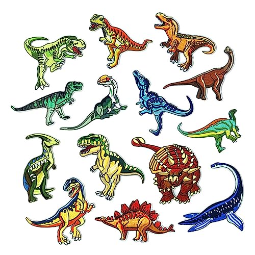 BEBEMOKO 14 x Dinosaurier-Stickerei-Aufnäher zum Aufbügeln für Kleidung, dekorative Aufnäher für Kleidung, modische Verzierungen für Jacken, Jeans und Bastelprojekte von BEBEMOKO