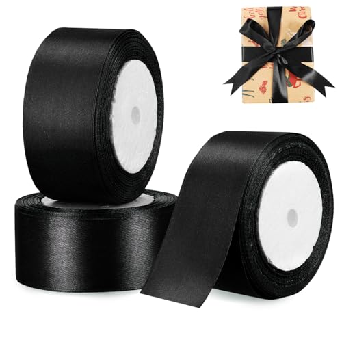 BEBEMOKO 3 Rollen Verpackungsband Stoffband Dekoband Bänder für Schleifen Breites Band Geschenkband Satinband Hochzeitsbänder Band zum Verpacken Polyester Schwarz von BEBEMOKO