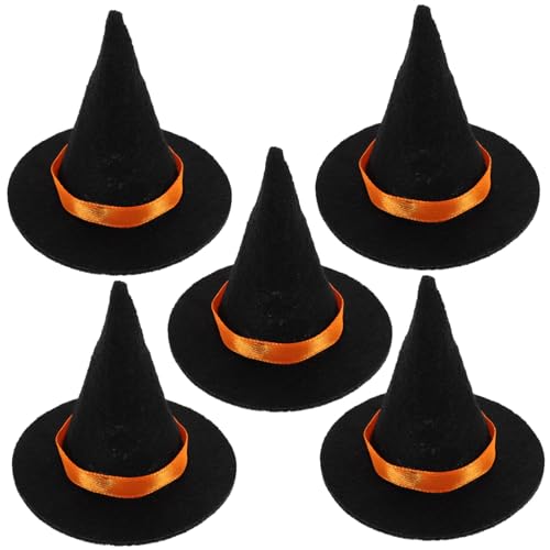 BEBEMOKO 5pcs Mini Hexenhut Winzige Hexenhüte Hexenhut Lichter Mini Miniatur Hut Mini Hexe Puppen Hüte zum Basteln Mini Puppenhut Puppenhaus Hexenhut Halloween Mini Hut Vliesstoff Schwarz von BEBEMOKO