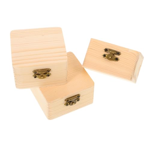 BEBEMOKO Quadratische Holzkisten, Schmuck-Organizer, Stifte-Organizer, unlackierte Bastelboxen mit Deckel, Schmuckkästchen, Schloss, Holz, 3 Stück von BEBEMOKO