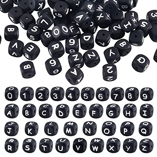 BEEFLYING 108 Stück Schwarze Würfel-Silikonperlen Buchstaben Zahlen Würfel Alphabet-Perlen Mit 2 mm Lochabstandshalter Lose Buchstabenperlen für Die Herstellung von Armbändern Halsketten Und Schmuck von BEEFLYING