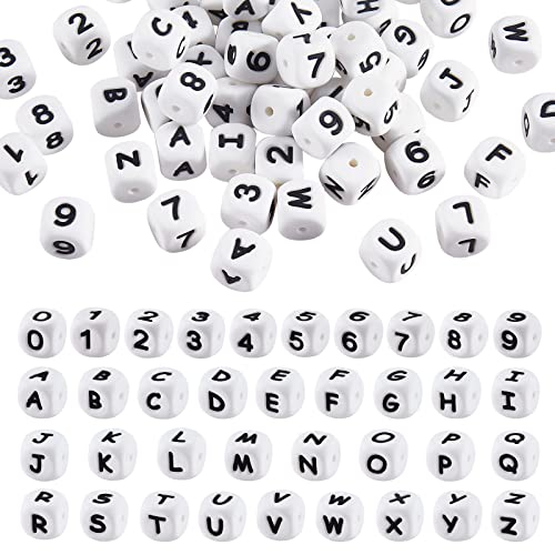 BEEFLYING 108 Stück White Cube Silikonperlen Buchstaben Zahlen Quadratisch Würfel Alphabet Perlen Mit 2mm Loch Spacer Lose Buchstabenperlen für Armband Halskette Schmuckherstellung von BEEFLYING