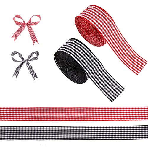 BEEFLYING 2 Rollen Schwarzes Weißes Ginghamband Rot-Weißes Wired Plaid Ribbon Für Blumenschleifen Basteln Haarschmuck Geschenkverpackungen Basteldekoration Polyester Woven von BEEFLYING