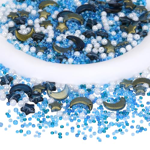 BEEFLYING 2220 Stück gemischte Stern-Mond-förmige Glas-Abstandsperlen, runde Perlen, Acrylperlen, Rocailles für DIY-Schmuckherstellung (Marineblau) von BEEFLYING