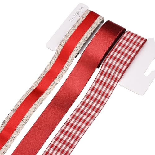 BEEFLYING 3 Styles Rote Satinbänder mit Drahtkante zum Geschenkverpacken, 25~28mm×2.7m Doppelseitiges Band für Hochzeitsfeier Bankett Dekoration Blumen Nähen und Handwerk von BEEFLYING