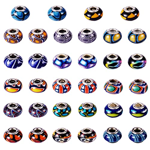 BEEFLYING 34 Stück 17 Farben Polymer Clay European Beads Großes Loch Rondelle Clay Beads Bunte Perlen Charms Zubehör für DIY Halskette Armband Schmuck Basteln von BEEFLYING