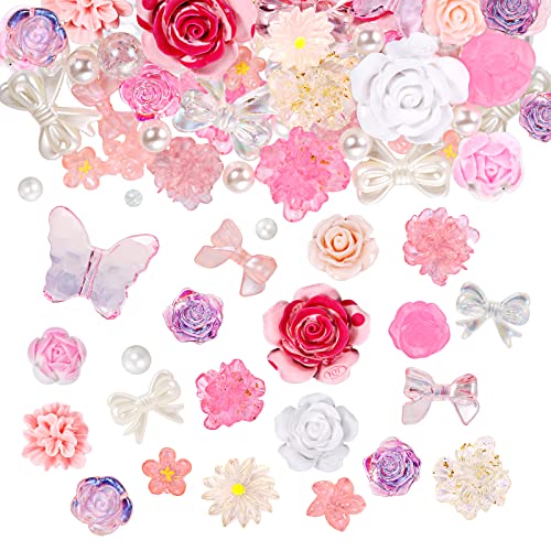 BEEFLYING 50 Gramm Blumenperlen Mit Flachem Boden Cabochon-Harz Flach Blumen Harz Cabochons Transparent Zur Schmuckherstellung, Scrapbooking, Handyhüllendekoration,Rosa von BEEFLYING