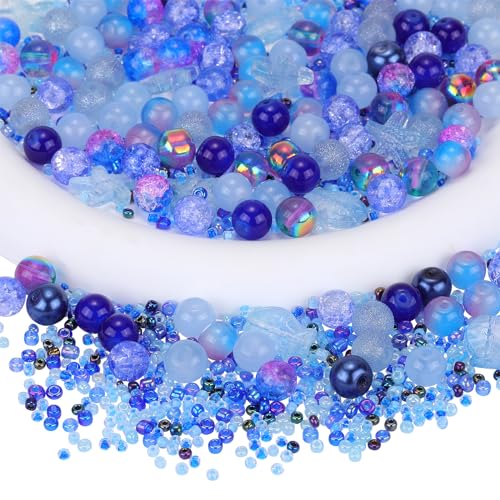 BEEFLYING 700-teiliges Glasperlen-Schmuckherstellungsset, Verschiedene runde Kristall-DIY-Perlen mit Meeresperlen und Rocailles für die Herstellung von Armbändern, Halsketten, Ohrringen (Königsblau) von BEEFLYING