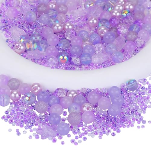 BEEFLYING 700-teiliges Glasperlen-Schmuckherstellungsset, verschiedene runde Kristall-DIY-Perlen mit Ozeanperlen und Rocaillesperlen für die Herstellung von Armbändern, Halsketten, Ohrringen (lila) von BEEFLYING