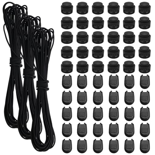 BEELUKY 3 Stück Gummiseil 10m Expanderseil 3mm Elastische Gummischnur mit 30 Kordelstopper 30 Kordelklemme Schwarz Gummikordel für Kordelzug Rucksack Wäscheleinen Schnürsenkel Camping von BEELUKY