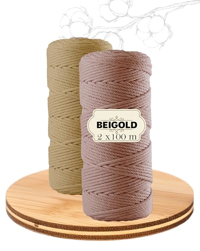 BEIGOLD® Premium Makramee Garn 2er Set- Honig Gelb+ Rosenholz Braun (3mm x 100m) für wunderschöne natürliche Optik. Baumwollgarn für Makramee Kunst DIY Handwerk von BEIGOLD