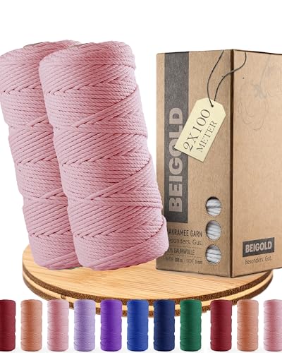 BEIGOLD® Premium Makramee Garn 2er Set- Rosa+Rosa (3mm x 100m) für wunderschöne natürliche Optik. Baumwollgarn für Makramee Kunst DIY Handwerk von BEIGOLD