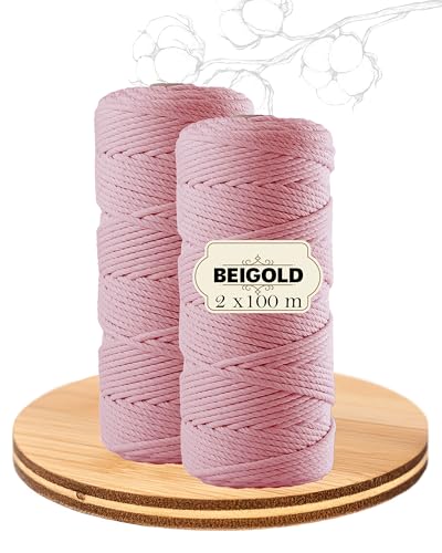 BEIGOLD® Premium Makramee Garn 2er Set- Rosa+Rosa (3mm x 100m) für wunderschöne natürliche Optik. Baumwollgarn für Makramee Kunst DIY Handwerk von BEIGOLD