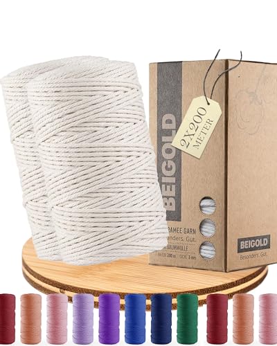 BEIGOLD® Premium Makramee Garn 3mm x 200m - Makramee Set Basic Natur (2 x 200m) - Baumwollmischgarn zum Knüpfen von Macrame - Rope Garn - Makramee Garn Set aus Baumwolle für Kunst DIY von BEIGOLD