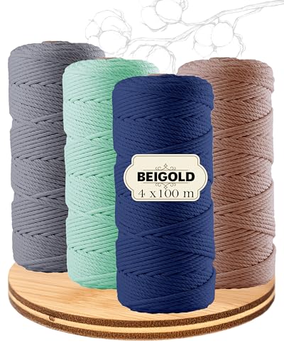 BEIGOLD® Premium Makramee Garn 3mm x 100m - Makramee Set Bergsee (Grau,Minze, Blau,Braun) - Baumwollmischgarn zum Knüpfen von Macrame - Rope Garn - Makramee Garn Set aus Baumwolle für Kunst DIY von BEIGOLD