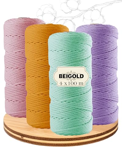 BEIGOLD® Premium Makramee Garn 3mm x 100m - Makramee Set Frühling (Minze,Flieder,Orange,Rose) - Baumwollmischgarn zum Knüpfen von Macrame - Rope Garn - Makramee Garn Set aus Baumwolle für Kunst DIY von BEIGOLD