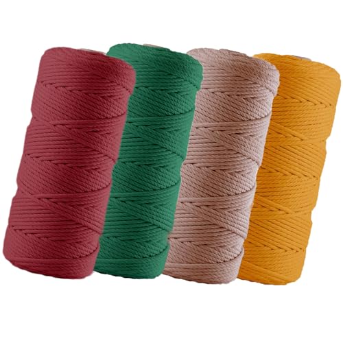 BEIGOLD® Premium Makramee Garn 3mm x 100m - Makramee Set Herbst (Grün,Rot,Orange,Braun) - Baumwollmischgarn zum Knüpfen von Macrame - Rope Garn - Makramee Garn Set aus Baumwolle für Kunst DIY von BEIGOLD