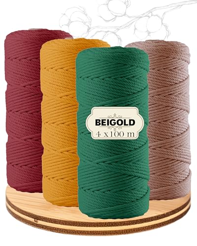 BEIGOLD® Premium Makramee Garn 3mm x 100m - Makramee Set Herbst (Grün,Rot,Orange,Braun) - Baumwollmischgarn zum Knüpfen von Macrame - Rope Garn - Makramee Garn Set aus Baumwolle für Kunst DIY von BEIGOLD