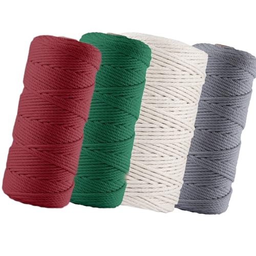 BEIGOLD® Premium Makramee Garn 3mm x 100m - Makramee Set Weihnachten (Rot,Grün,Natur,Grau) - Baumwollmischgarn zum Knüpfen von Macrame - Rope Garn - Makramee Garn Set aus Baumwolle für Kunst DIY von BEIGOLD