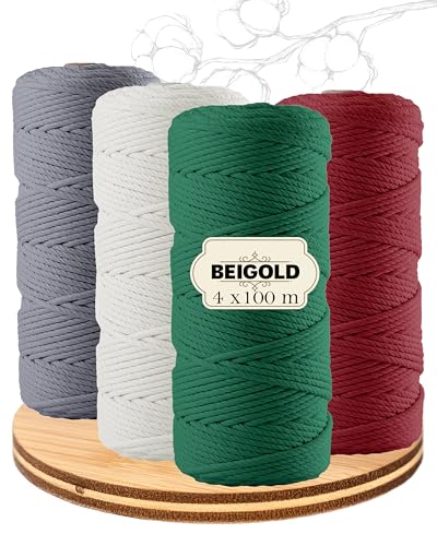 BEIGOLD® Premium Makramee Garn 3mm x 100m - Makramee Set Weihnachten (Rot,Grün,Natur,Grau) - Baumwollmischgarn zum Knüpfen von Macrame - Rope Garn - Makramee Garn Set aus Baumwolle für Kunst DIY von BEIGOLD