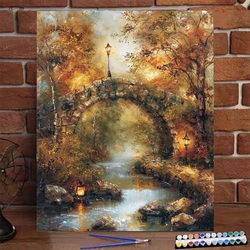 Baum Malen Nach Zahlen Erwachsene, Paint by Numbers Adult Anfänger Kreativ Set für, Heimwerk Malen Nach Zahlen Kinder Brücke mit Rahmen, Pinsel und Acrylfarbe Als Geschenk für Wanddeko 70x95cm S-2 von BEIJUYHU