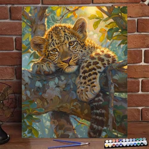 Baum Malen Nach Zahlen Erwachsene, Paint by Numbers Adult Anfänger Kreativ Set für, Heimwerk Malen Nach Zahlen Kinder Leopard mit Rahmen, Pinsel und Acrylfarbe Als Geschenk für Wanddeko 100X135 CM J-9 von BEIJUYHU