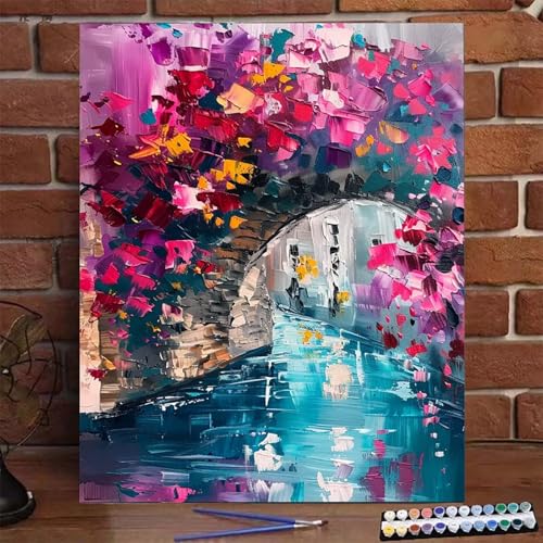 Blume Malen Nach Zahlen Erwachsene, Paint by Numbers Adult Anfänger Kreativ Set für, Heimwerk Malen Nach Zahlen Kinder Brücke mit Rahmen, Pinsel und Acrylfarbe Als Geschenk für Wanddeko 30x40cm L-3 von BEIJUYHU