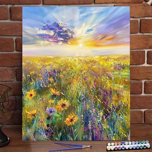 Blume Malen Nach Zahlen Erwachsene, Paint by Numbers Adult Anfänger Kreativ Set für, Heimwerk Malen Nach Zahlen Kinder Sonnenuntergang mit Rahmen, Pinsel und Acrylfarbe Als für Wanddeko 30x40cm I-M von BEIJUYHU