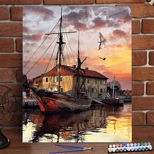 Boot Malen Nach Zahlen Erwachsene, Paint by Numbers Adult Anfänger Kreativ Set für, Heimwerk Malen Nach Zahlen Kinder Kleine Stadt mit Rahmen, Pinsel und Acrylfarbe Als für Wanddeko 100X135 CM J-Y von BEIJUYHU