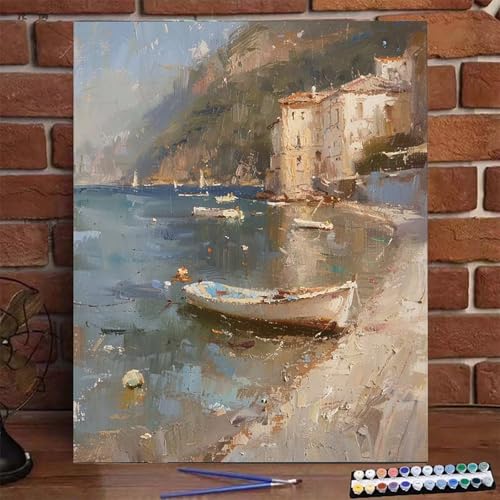 Boot Malen Nach Zahlen Erwachsene, Paint by Numbers Adult Anfänger Kreativ Set für, Heimwerk Malen Nach Zahlen Kinder Strand mit Rahmen, Pinsel und Acrylfarbe Als Geschenk für Wanddeko 40X50 CM 8-C von BEIJUYHU