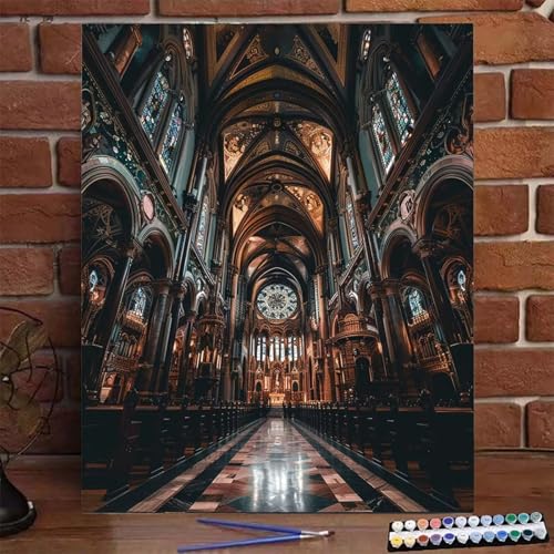 Kirche Malen Nach Zahlen Erwachsene, Paint by Numbers Adult Anfänger Kreativ Set für, Heimwerk Malen Nach Zahlen Kinder Landschaft mit Rahmen, Pinsel und Acrylfarbe Als für Wanddeko 60X80 CM J-A von BEIJUYHU