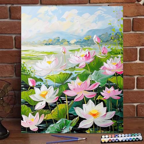 Lotus Malen Nach Zahlen Erwachsene, Paint by Numbers Adult Anfänger Kreativ Set für, Heimwerk Malen Nach Zahlen Kinder Blume mit Rahmen, Pinsel und Acrylfarbe Als Geschenk für Wanddeko 100X135 CM Q-9 von BEIJUYHU