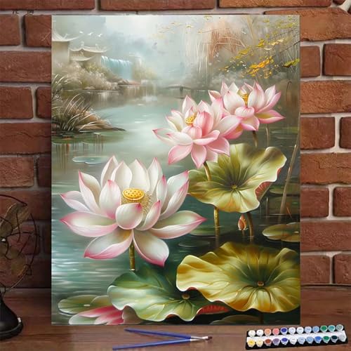 Lotus Malen Nach Zahlen Erwachsene, Paint by Numbers Adult Anfänger Kreativ Set für, Heimwerk Malen Nach Zahlen Kinder Blume mit Rahmen, Pinsel und Acrylfarbe Als Geschenk für Wanddeko 70x95cm 2-3 von BEIJUYHU