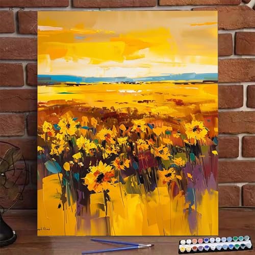 Malen Nach Zahlen Erwachsene Abstrakt, Groß DIY Malen Nach Zahlen mit Rahmen Sonnenblume, Anfänger Frauen Bastelset, Pinsel und Acrylfarbe, Paint by Numbers Basteln Wand Dekor Geschenk 60X80 CM J-F von BEIJUYHU