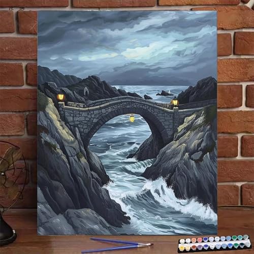 Malen Nach Zahlen Erwachsene Brücke, Groß DIY Malen Nach Zahlen mit Rahmen Meer, Anfänger Frauen Bastelset, Pinsel und Acrylfarbe, Paint by Numbers Basteln für Home Wand Dekor Geschenk 40X50 CM Y-X von BEIJUYHU