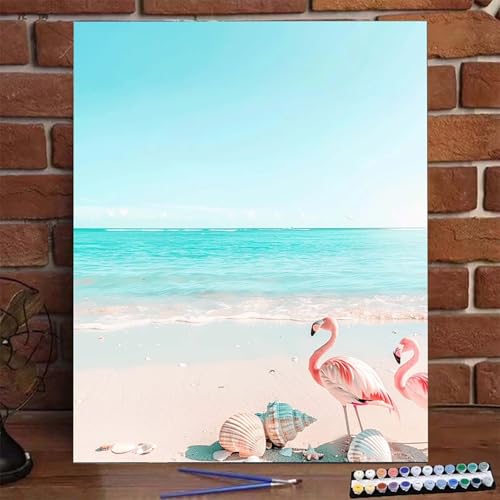 Malen Nach Zahlen Erwachsene Kinder Flamingo, Malen Nach Zahlen DIY Handgemalt Ölgemälde Kit für Anfänger und Frauen Strand, Malen-Nach-Zahlen mit Rahmen Leinwand Pinsel und Acrylfarbe 30x40cm K-7 von BEIJUYHU