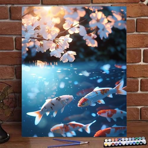 Malen Nach Zahlen Erwachsene Kinder Koi, Malen Nach Zahlen DIY Handgemalt Ölgemälde Kit für Anfänger und Frauen Blume, Malen-Nach-Zahlen mit Rahmen Pinsel Acrylfarbe für Wand Dekor 40X50 CM 9-9 von BEIJUYHU