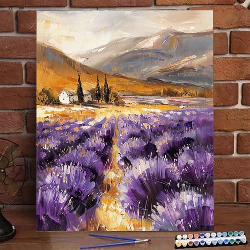 Malen Nach Zahlen Erwachsene Kinder Landschaft, Malen Nach Zahlen DIY Handgemalt Ölgemälde Kit für Anfänger und Frauen Lavendel, Malen-Nach-Zahlen mit Rahmen Leinwand Pinsel und Acrylfarbe 70x95cm S-V von BEIJUYHU