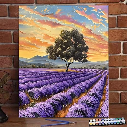 Malen Nach Zahlen Erwachsene Kinder Lavendel, Malen Nach Zahlen DIY Handgemalt Ölgemälde Kit für Anfänger und Frauen Baum, Malen-Nach-Zahlen mit Rahmen Leinwand Pinsel und Acrylfarbe 50x65cm T-Z von BEIJUYHU