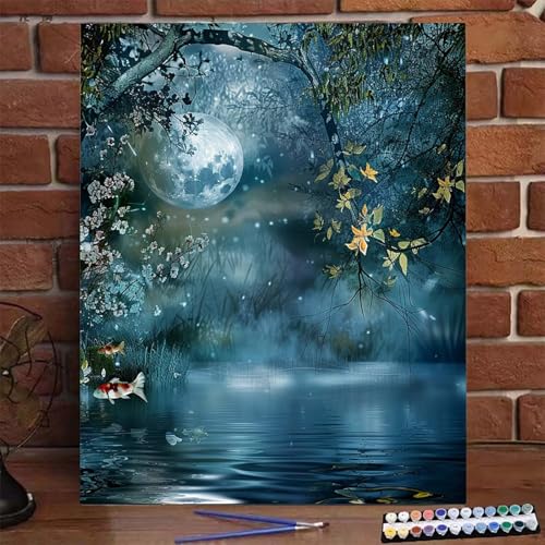 Malen Nach Zahlen Erwachsene Kinder Mond, Malen Nach Zahlen DIY Handgemalt Ölgemälde Kit für Anfänger und Frauen Baum, Malen-Nach-Zahlen mit Rahmen Leinwand Pinsel und Acrylfarbe 100X135 CM J-V von BEIJUYHU