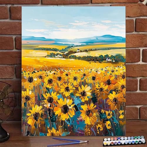 Malen Nach Zahlen Erwachsene Kinder Sonnenblume, Malen Nach Zahlen DIY Handgemalt Ölgemälde Kit für Anfänger und Frauen Landschaft, Malen-Nach-Zahlen mit Rahmen Leinwand Pinsel Acrylfarbe 30x40cm 2-K von BEIJUYHU