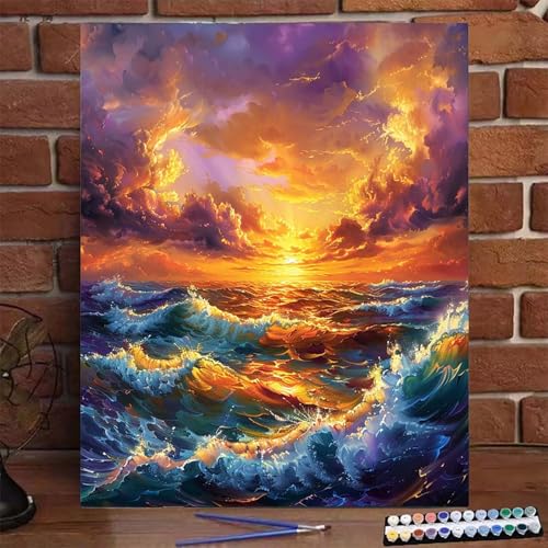 Malen Nach Zahlen Erwachsene Kinder Sonnenuntergang, Malen Nach Zahlen DIY Handgemalt Ölgemälde Kit für Anfänger und Frauen Meer, Malen-Nach-Zahlen mit Rahmen Leinwand Pinsel Acrylfarbe 100X135 CM O-8 von BEIJUYHU