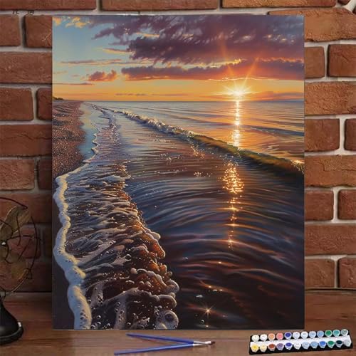 Malen Nach Zahlen Erwachsene Kinder Strand, Malen Nach Zahlen DIY Handgemalt Ölgemälde Kit für Anfänger und Frauen Sonnenuntergang, Malen-Nach-Zahlen mit Rahmen Leinwand Pinsel Acrylfarbe 30x40cm 3-H von BEIJUYHU