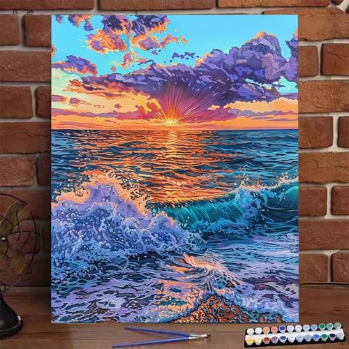 Malen Nach Zahlen Erwachsene Kinder Strand, Malen Nach Zahlen DIY Handgemalt Ölgemälde Kit für Anfänger und Frauen Sonnenuntergang, Malen-Nach-Zahlen mit Rahmen Leinwand Pinsel Acrylfarbe 40X50 CM 0-7 von BEIJUYHU