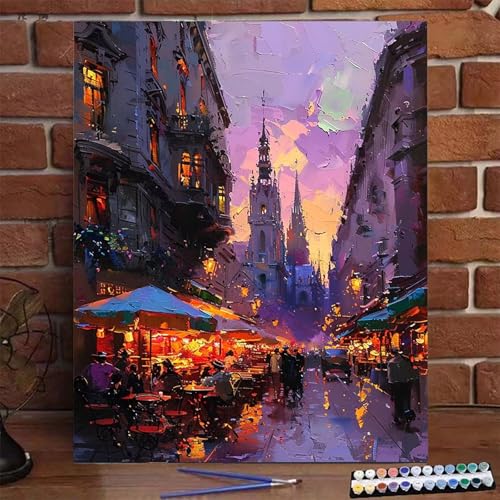 Stadt Malen Nach Zahlen Erwachsene, Paint by Numbers Adult Anfänger Kreativ Set für, Heimwerk Malen Nach Zahlen Kinder Straße mit Rahmen, Pinsel und Acrylfarbe Als Geschenk für Wanddeko 70x95cm G-G von BEIJUYHU