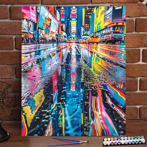 Stadt Malen Nach Zahlen Erwachsene, Paint by Numbers Adult Anfänger Kreativ Set für, Heimwerk Malen Nach Zahlen Kinder Straße mit Rahmen, Pinsel und Acrylfarbe Als Geschenk für Wanddeko 70x95cm U-E von BEIJUYHU