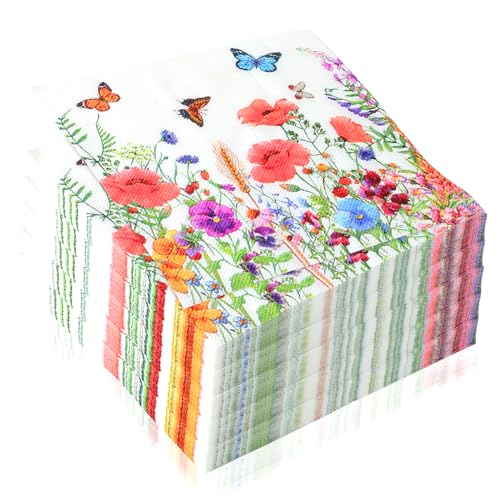 100 Stück Papierservietten mit Blumen Servietten Blumenwiese Schmetterlinge Servietten Blumenmuster für Frühling Geburtstage Partys Hochzeiten Feiern 33x33cm von BEIMEIII