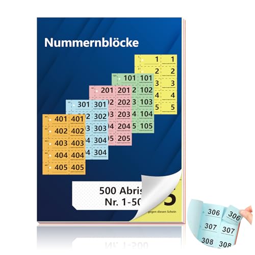 Doppelnummern 1-500 Nummern Zahlen 14.8X10.5cm Nummernblock A6 Garderobenmarken Doppelnummern mit Loch Nummernblöcke Tombola Lose Tombola Nummeriert Doppelnummernblock Rot Orange Gelb Grün Blau von BEIMEIII