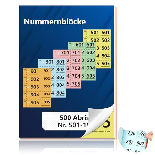 Doppelnummern 501-1000 Nummern Zahlen 14.8X10.5cm Nummernblock A6 Garderobenmarken Doppelnummern mit Loch Nummernblöcke Tombola Lose Tombola Nummeriert Doppelnummernblock Rot Orange Gelb Grün Blau von BEIMEIII