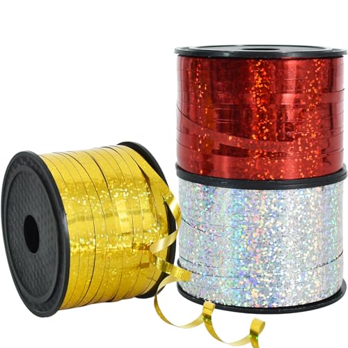 BEISHIDA 3 Stück 91,4 m Gold Silber Rot Band Kräuselband Gekräuseltes Glitzerband Ballonschnur Glänzend Metallic Geschenkband Geburtstag Party Weihnachten Kunst Handwerk Dekoration von BEISHIDA